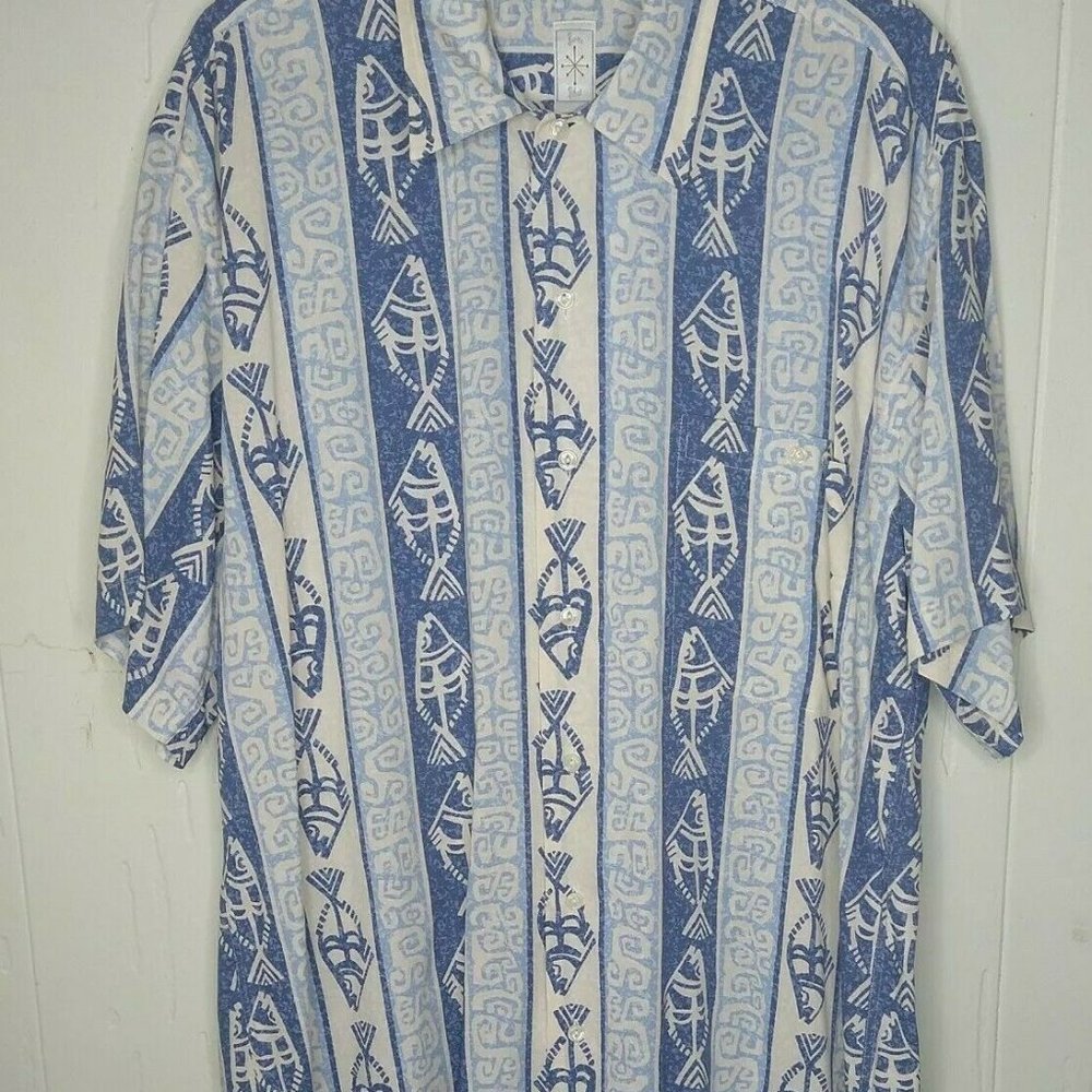 Bumka Bibas Hawaiian Tribal Print Shirt Medium Blu